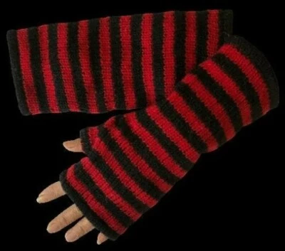 Hand Knitted Lined Wool Wrist Warmers Red Striped Fingerless Gloves Mittens - Image 1 of 4