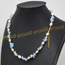 Natural Blue Aquamarine Gravel Gems &7-8mm White Baroque Pearl Necklaces 16-56''