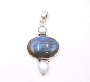 8.40 Gm 925 Sterling Silver Natural Labradorite & Pearl Pendant Gemstone Size-2" - Picture 1 of 3