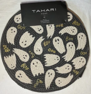 TAHARI HOME PLACEMATS (4) GHOSTS BOO BLACK GOLD CREAM WOVEN 15 INCH ROUND NIP - Picture 1 of 3