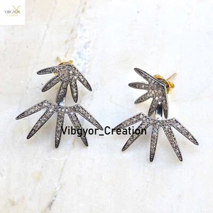 Pave Diamond Ear Jacket Earrings 925 Sterling Silver Stud Earrings Gift For Her - Picture 1 of 3