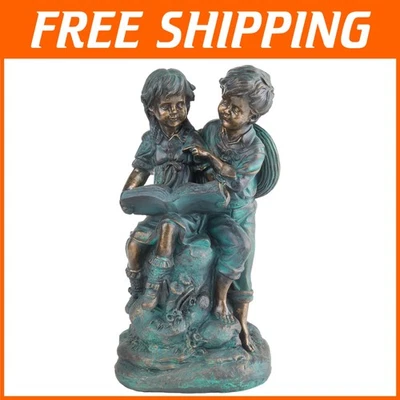 Estatua antigua acabada niño y niña leyendo juntos - perfecta para exteriores Foto 1 de 4