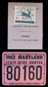1962 Maryland Big Game Hunting Stamp  on License with Back Tag - Picture 1 of 2