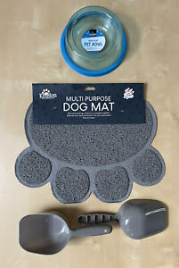 Dog Puppy Feeding Mat Food Water bowl 2 food scoops Non Slip Pet Grey Blue