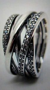 Autentico anello Pandora INTWINED argento sterling zirconi fascia larga attorcigliato misura 6,75 - Foto 1 di 12