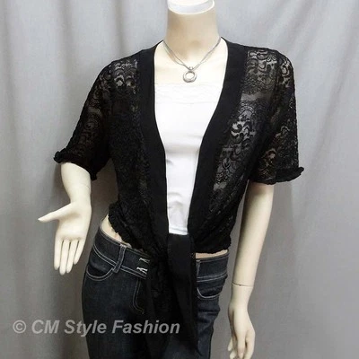 Cárdigan de encaje floral con volantes fluidos con corbata delantera negro M/L/XL Foto 1 de 4