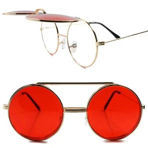 Vintage Retro Funky Steampunk Mens Womens Gold Red Lens Round Circle Sun Glasses - Picture 1 of 5