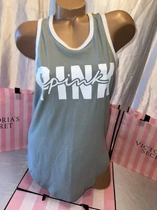Victorias Secret PINK Sleeveless Shirt Small White Logo Green - Picture 1 of 2