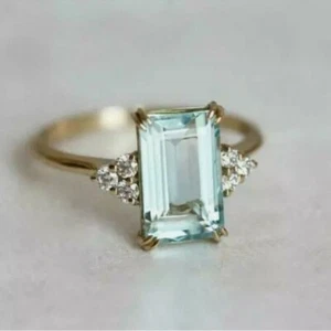 4 Ct Emerald Cut Aquamarine Solitaire Diamond Wedding Ring 14K Yellow Gold Over - Picture 1 of 8
