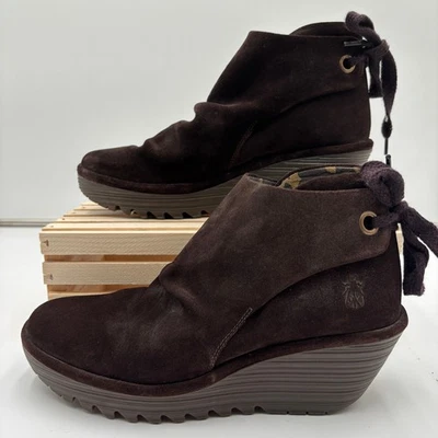 Botines de cuña FLY London para mujer talla 10/42 marrón espresso gamuza aceite Foto 1 de 4