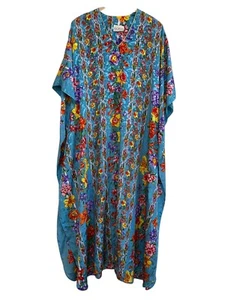 Abito da salotto vintage Ruth Norman blu colorato floreale caftano taglia unica - Foto 1 di 14