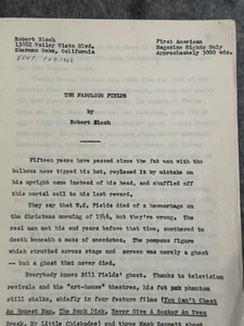 1962 "THE FABULOUS FIELDS” by ROBERT BLOCH Typed Inscribed Story - Picture 1 of 6