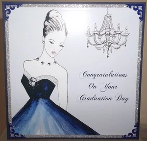 CARTOLINA GIORNO LAUREA PERSONALIZZATA FATTA A MANO CON ELEGANTE SIGNORA COLORE BLU - Foto 1 di 3