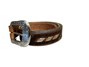 Justin Brown Leather Belt Mens 38 Basketweave Tooled Cowhide USA Silver Concho - Picture 1 of 16