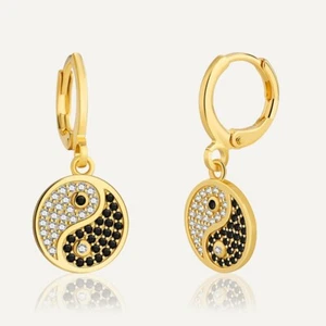 M&T Gold Plated hoop earrings, CZ Pave Tai Chi huggies earrings one pair JWCY103 - Picture 1 of 5