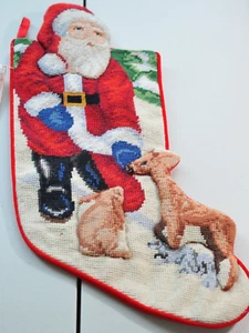 vtg Handmade Wool Jabara Needlepoint Christmas Stocking RARE 3D santa nos K - Picture 1 of 15