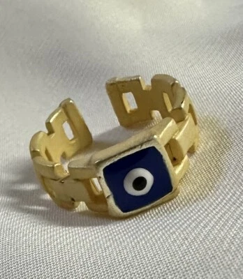 Evil Eye Matte Gold Plated Blue Enamel Adjustable Ring  - Image 1 of 3