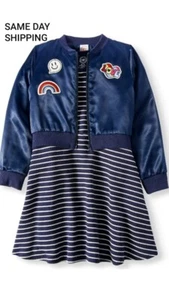 2Pc Girls Navy Blue White Stripe Dress + Satin Bomber Jacket Rainbow Love Emblem - Picture 1 of 4