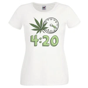 Womens 420 Clock Stoner Time Reefer Funny Festival Weed Lady Fit White T-Shirt - Picture 1 of 8