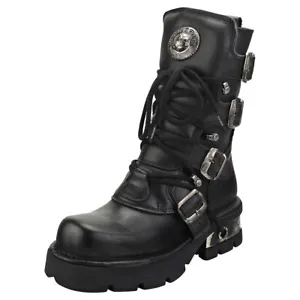 New Rock Block-heel In Metal-look Unisex Black Platform Boots - Picture 1 of 8