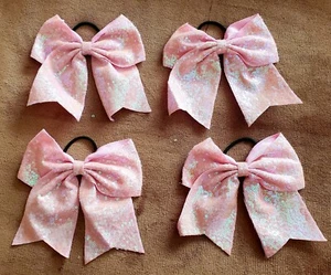 Girls Softball Dance Cheerleading 7" Hair Bows Glitter Sequins Light Pink (4) - Picture 1 of 2