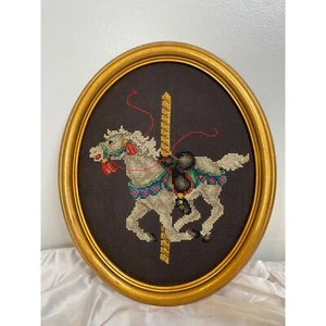 Vintage Carousel Horse Crewel Needlepoint Framed Oval Wall Art Decor - Picture 1 of 3