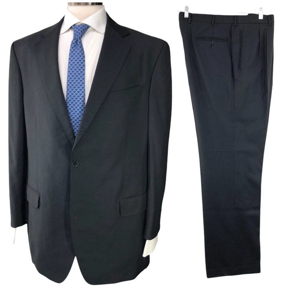 Lubiam LBM 1911 Mens Size 44L Suit Drop 5 Black Pinstripe Reda Wool *TINY FLAW - Image 1 of 4