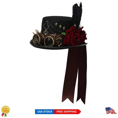 Adjustable Black Steampunk Top Hat with Gears and Goggles - Perfect for Cosplay - Image 1 of 4