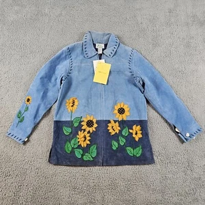 Vintage Quacker Factory Jacket Womens Small Blue Sueded Leather Sunflowers NEW - Picture 1 of 16
