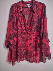 Catherines Womens Plus Size 3X Blk/Red Floral Mesh Sheer Blouse Petite - Picture 1 of 7