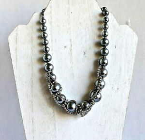 Vera Wang Chunky Gray Pearl 16" Necklace with Silver Chain Crystal Chain Accents