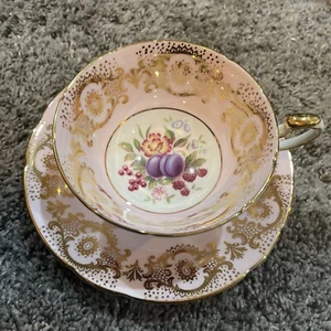 Vintage Paragon Tea Cup & Saucer Pink w/ Fruit and Gold Trim and Accents - Picture 1 of 6
