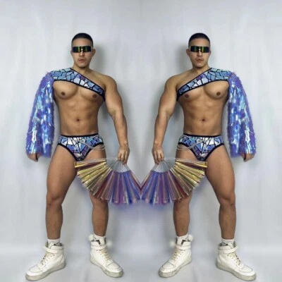 Men's Holographic Mirror Sequins Tassel Costume Set Rave Party Club Show Outfit - Image 1 of 4