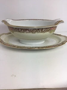 Noritake Occupied Japan Gravy Sauce Boat w Attached Underplate Gold Trim - Picture 1 of 4