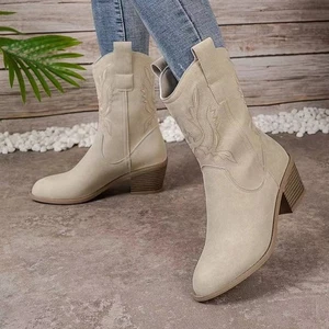 Cowboy Boots Mid Calf Western Shoes Ladies Zip High Heel Faux Suede Womens Sizes - Picture 1 of 16