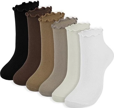  Calcetines con volantes al tobillo para mujer - 5-9 negro café crema caqui marrón blanco - 6 pares Foto 1 de 4