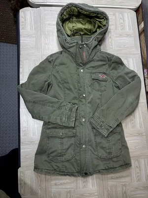 STAINED Hollister Sherpa Lined Military Canvas Jacket Women Lg Full Zip Hooded - Image 1 of 4