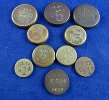 10 Unusual Interesting Antique/Vintage Brass Troy ounce Weights in Disc Form