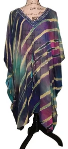Colorful Purple /Green Beaded Sheer Kimono Sleeve Swim Cover Up - One Size - Picture 1 of 4