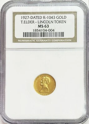 1927 GOLD ABRAHAM LINCOLN THOMAS ELDER MEDAL NGC MINT STATE 63 K-1043 - Image 1 of 2
