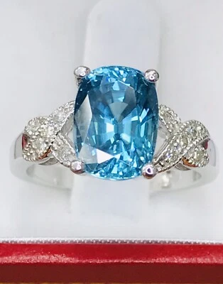 14k White gold Natural Cushion Blue Zircon & Diamond Ring  December Birthstone - Image 1 of 4