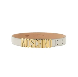 Moschino Logo White Leather Belt With Golden Moschino Buckle Size 40 29-34" Long - Picture 1 of 14