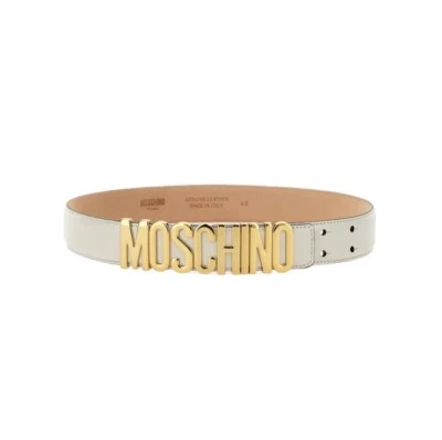 Cinturón de cuero blanco con logotipo Moschino con hebilla Moschino dorada talla 40 29-34" de largo Foto 1 de 4