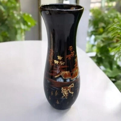Jarrón de madera vietnamita lacado negro dorado detalles casas personas asiáticas 8,5 pulgadas Foto 1 de 4