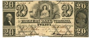1859 Farmers Bank of Virginia Richmond VA $20 No.4523 (L0899) - Picture 1 of 2