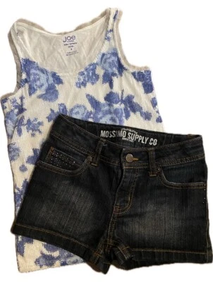 JOE FRESH & MOSSIMO SZ7/8~2PC GIRLS BLUE~WHT FLORAL TANK TOP & DENIM JEAN SHORTS - Image 1 of 4
