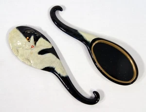 Hand Painted Handheld Mirror Black & White Cat Design 014C - Picture 1 of 1