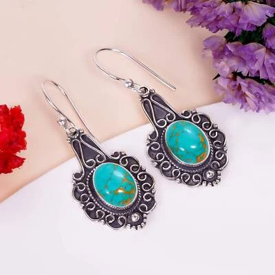Copper Turquoise Gemstone 925 Sterling Silver Jewelry Earring, Oxidized Jewelry - Image 1 of 4