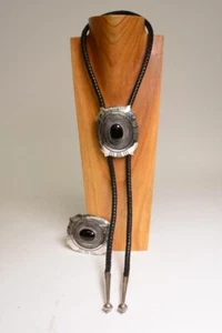 Navajo Bolo / Buckle Set Sterling Silver and Onyx by Tommy (Thomas) Singer - Picture 1 of 8