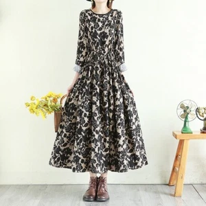 Lady Ethnic Long Dress Floral Printed Cotton Loose Big Swing Beach Summer Dress - Picture 1 of 16